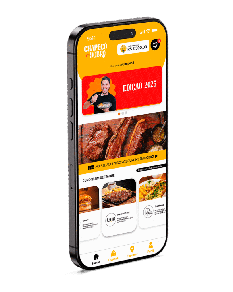 App Chapecó em Dobro: tela inicial, mapa interativo e lista de cupons